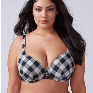 Cacique 38C Black Grey Buffalo Plaid T-Shirt Bra Lace Trim 1082926 Dark Academia
